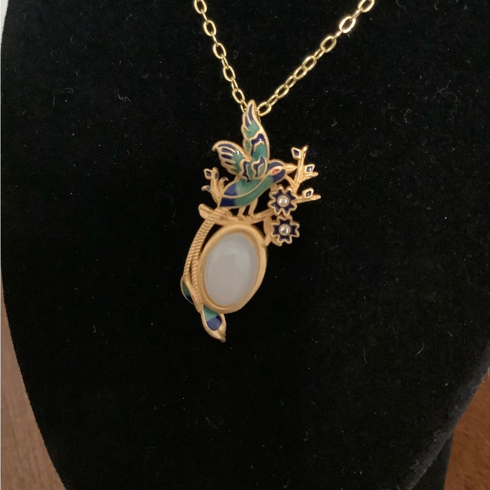 Gold and Blue Hummingbird Pendant Necklace